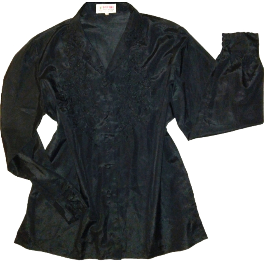 Must See! Vintage Women's Blk DAFFODIL Hand Embroidered Florals Dress Shirt~39